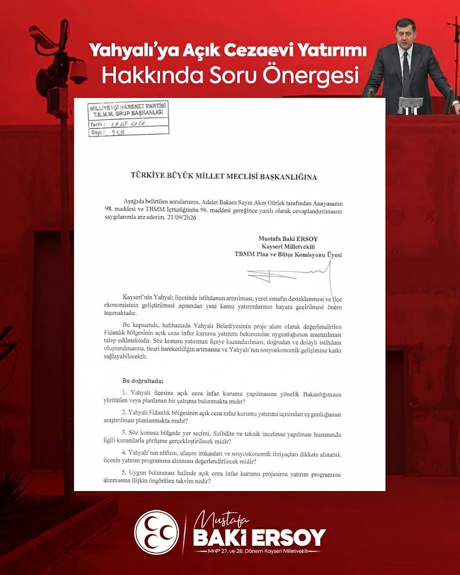 Baki Ersoy’dan Yahyalı’ya açık cezaevi yatırımı için soru önergesi